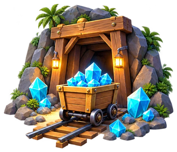 A gem-studded mine entrance and wooden mining cart